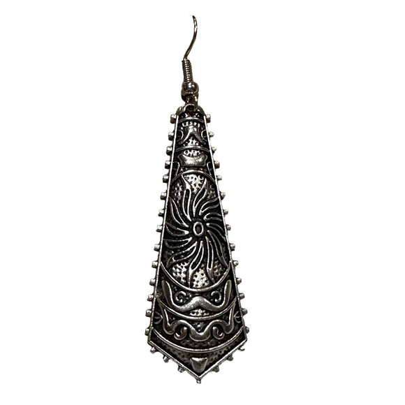 Boho Antique Silver Geometric Embossed Detail Drop Earrings - Picture 5 of 6